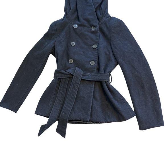 Zara Mid-Length Black Coat Belted with Hood Size M - Picture 4 of 9